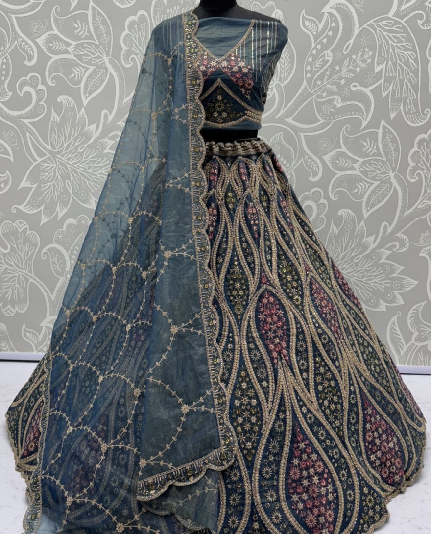 BLUE - Abstinent Blue Art of Work with Detailed Thread work Designer LehengaCholi perfect for reception wear